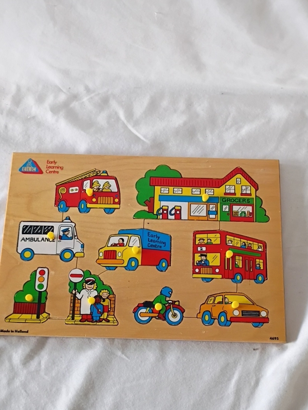 Vintage Early Learning Centre Wooden Peg Puzzle Transportation Fire Engine Bus